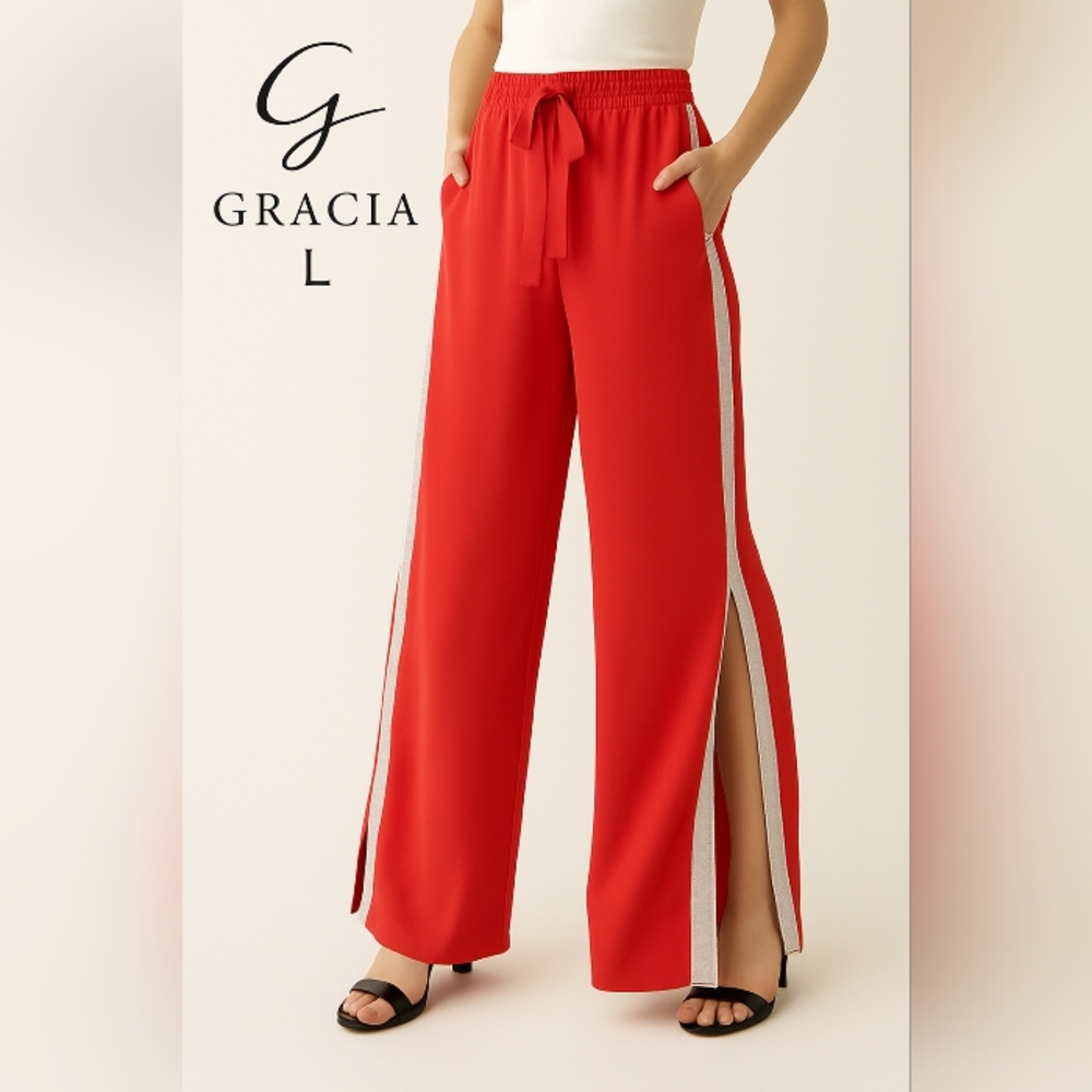 Gracia Women's Wide Leg Orange Pants Glitter Side Stripes & Slits Size L